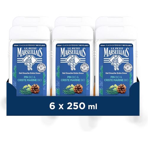 Le Petit Marseillais | Gel Douche Extra Doux Pin Bio & Criste Marine Bio (Lot De 6 Flacons De 250ml) ¿ 92 % D'ingrédients D'origine Naturelle ¿ Flacon Entièrement Recyclable 