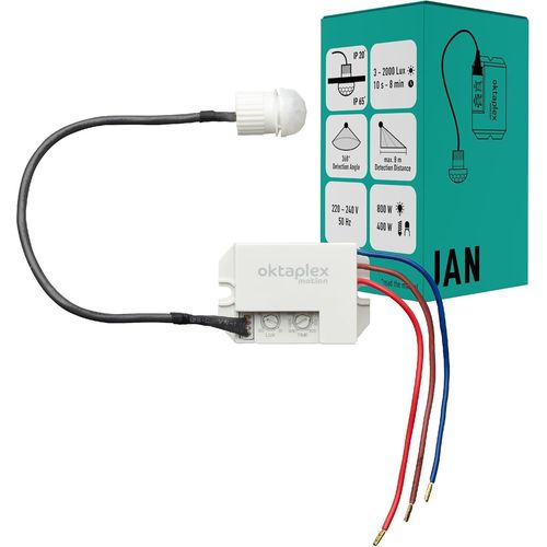 Jan Détecteur de Mouvement extérieur & intérieur IP65/IP20 360° Capteur Infrarouge Petit 8 m portée 230 V avec capteur crépusculaire Blanc Mat