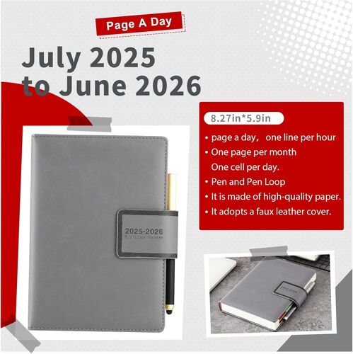 Agenda Académique 2025-2026, Une Page Par Jour, Agenda 12 Mois De Juillet 2025 À Juin 2026, Agenda Journalier À Couverture Rigide, Avec Stylo, Porte-Stylo, Autocollants, Poche Intérieure, Gris