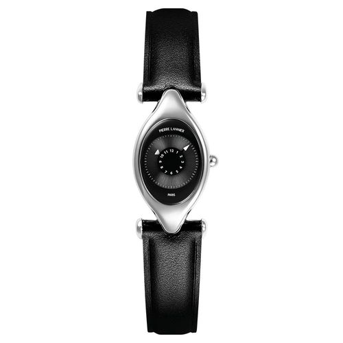 Montre Femme Ovni Argenté Cadran Noir Bracelet Cuir Noir 14 Mm