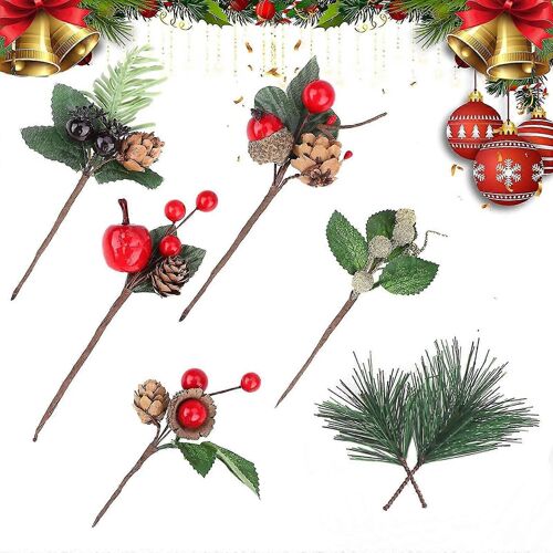 Lot de 21 pommes de pin artificielles de Noël, branches de pin artificielles avec baies rouges, fausses branches de pin compatibles avec les compositions florales de Noël