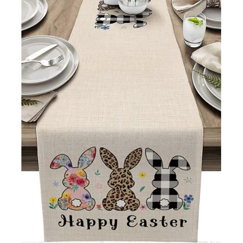 Chemin De Table De Lapin De Pâques, Écharpes De Commode, Mignon Lapin Imprimé Léopard, Rayures, Fleurs De Printemps, Chemin Décoratif Compatible Pâques, Printemps, Fête De Pâques, Sup