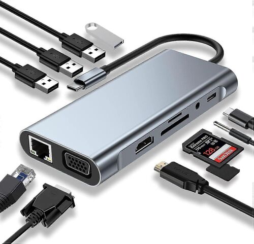 Hub USB C, station d'accueil, adaptateur USB C 11 en 1 avec HDMI 4K, VGA, port USB 3.0, PD Type C, Ethernet RJ45, lecteur de carte SD/TF, auxiliaire 3,5 mm, compatible