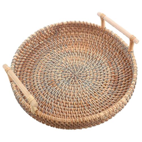 Corbeille à pain ronde en rotin, plateau à thé tissé avec poignées pour servir les dîners, les cafés et le petit-déjeuner (