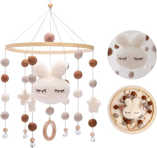 Mobile Bébé En Bois Avec Boules De Feutre Chambre De Bébé Cloche De Lit Lapin Carillon Cadeau Pour Nouveau-Né Garçon Fille Décoration(Blanc)