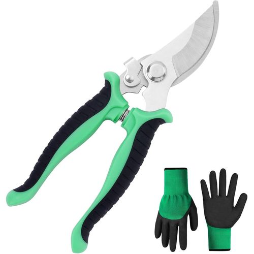 Sécateur à Lame Franche, Sécateur de Jardin, Sécateur Professionnel avec paire de gants, Sécateur pour Brindilles et Branches Bigneuses pour Tailler Jardins, Arbustes, Clôtures (Vert)