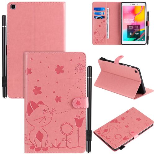 Étui Pour Samsung Galaxy Tab A8 2019 Sm-T290/T295 Pu Cuir Poche Cas Flip Coque Protection Housse Stand Case Papillon Chat Et Abeille,Rose