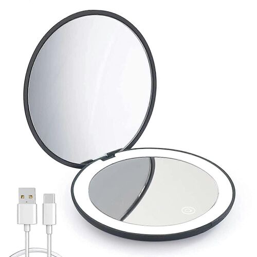 Miroir Compact, Grossissement 1x/10x, Led Dimmable, Miroir Portable