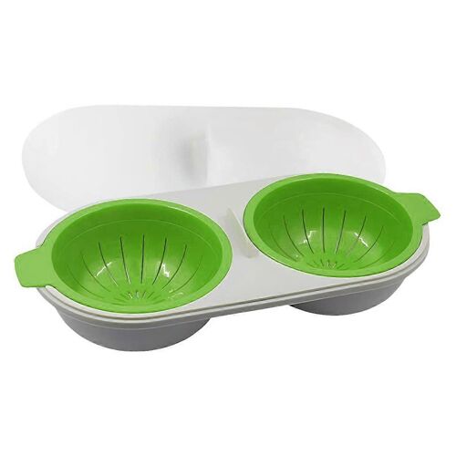 Double pocheuse à oeufs pour micro-ondes,2 cavités comestibles Silicone Drain Egg Boiler Set-Green