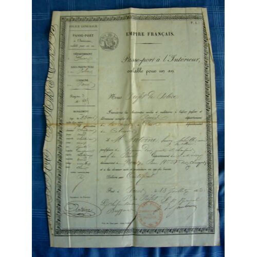 Empire Français 1853 Passeport À L' Intérieur ( Préfet De Police De La Seine ) Valable Un An ( Henry Antoine)