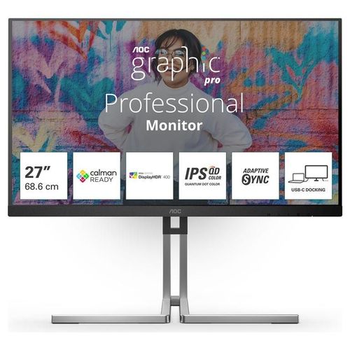AOC Q27U3CV - Graphic Pro Series - écran LED - 27" - 2560 x 1440 QHD @ 75 Hz - IPS - 1000:1 - DisplayHDR 400 - 4 ms - HDMI, DisplayPort, USB-C - haut-parleurs - noir