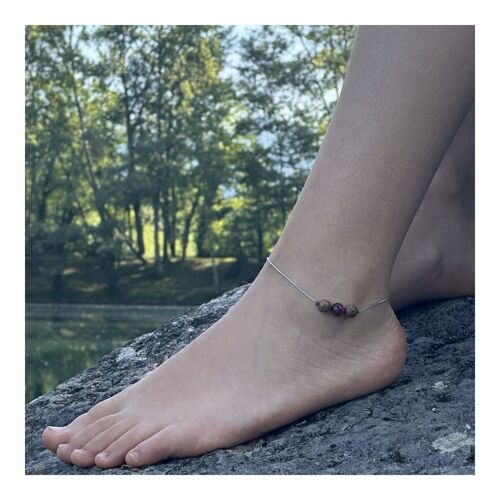 Bracelet De Cheville 1 Perle Oeil De Tigre Fuchsia + Bois 8 Mm Chaîne Fabriqué En France.