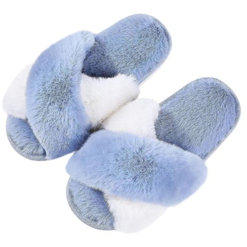 Pantoufles Floues Intérieures Pour Femmes Hiver Chaud Doux Fluffy Fur Flip Flop Female Flats Anti-Slip Confortable Pantoufles De Maison Bleu2