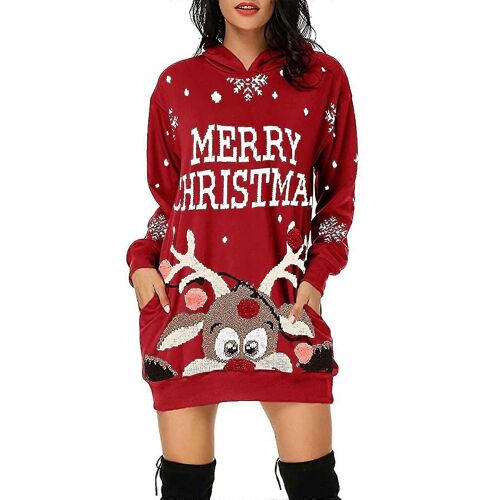 Femmes Noël Robe À Capuche Renne Imprimé Pull Robe Ample Avec Poches-A-Adulte-L-Femelle