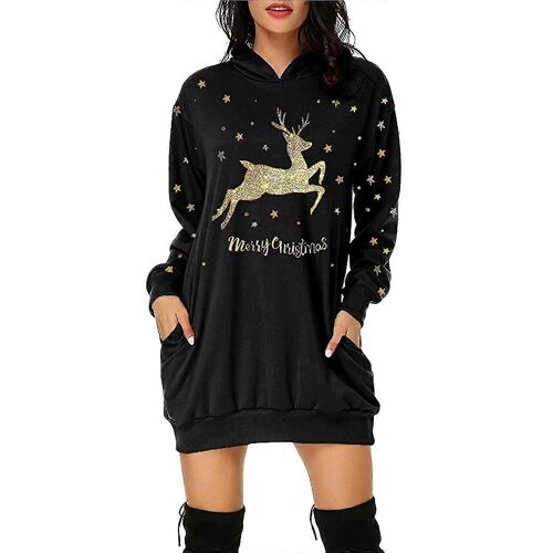 Femmes Noël Robe À Capuche Renne Imprimé Pull Robe Ample Avec Poches-C-Adulte-Xxl-Femelle