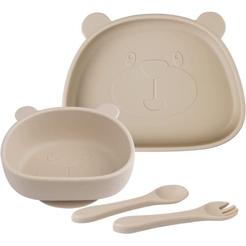 Set Vaisselle Pour Bébé Silicone Avec Ventouse,4 Pcs,Set Repas Pour Enfants,Compatible Lave-Vaisselle, Micro-Onde, Sans Bpa(Beige)