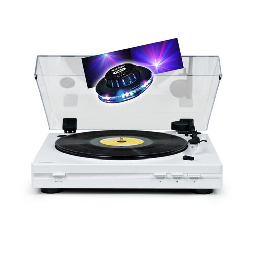 Tourne Disque Platine vinyle TT355 BLANCHE 33/45 tours, Lecture/retour du bras auto. jeu de Lumière OVNI couleurs LED