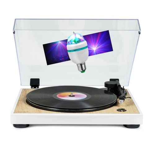 Tourne Disque Platine vinyle Thomson TT301 - BOIS/BLANC - 33/45 tours, Lecture / retour du bras auto. Ampoule DIAMS couleurs LED