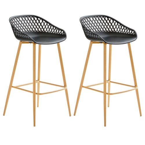 Lot de 2 tabourets de bar IREK chaise haute cuisine ou comptoir au design retro en plastique noir et métal décor chêne, assise 75 cm