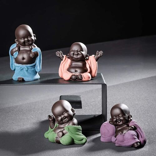 4 Pcs/Set Sable Poterie Petit Moine Ornements Voiture Maison Maitreya Bouddha Figurine Ornement Décoratif