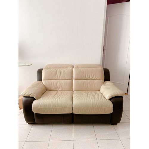Canapé En Cuir 2 Places Beige Marron Avec Repose Pied