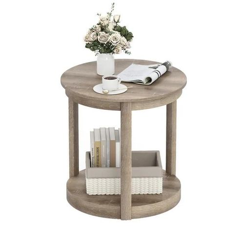 Table Basse Salon À 2 Niveaux Costway, Étagère De Rangement, Pieds En Bois De Caoutchouc, Table Ronde Pour Chambre Bureau, Gris