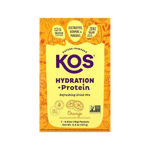 Kos, Hydratation + Protéines, Mélange À Boire Rafraîchissant, Orange, 7 Sachets, 18 G Chacun 