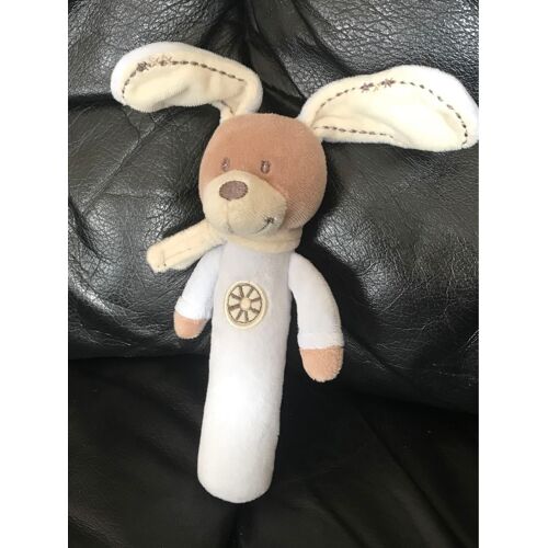 Doudou Hochet Pouet Lapin Bleu Ciel Beige Croix Nicotoy 20cm