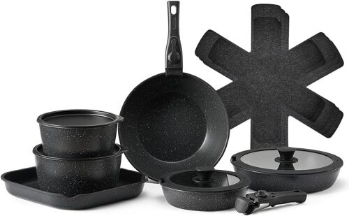 Subzonal-Batterie De Cuisine, 17 Pcs, Ensemble De Casseroles Et Poêles À Induction Avec Revêtement Anti-Adhésif, Poignée Amovible Et Couvercles En Verre Trempé, Passe Au Four, Pour Camping-Car, Noir