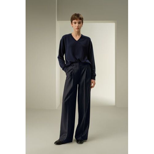 Lilysilk Pantalon Large Rayé Femme Laine Mélangée Élégant Confortable Avec Poches Marine 42