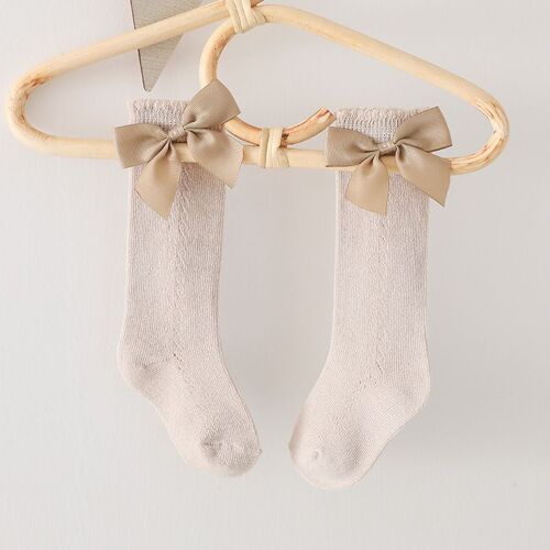 Chaussettes d'été en coton doux pour bébé fille, chaussettes longues à noeud, couleur unie, maille, hauteur du genou