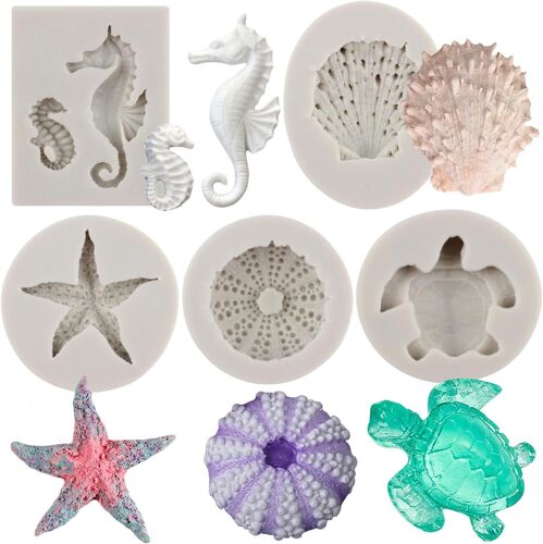 Kalanka-Lot De 5 Moules En Silicone Pour Fondant Sur Le Thème Marin, Coquillage, Étoile De Mer, Hippocampe, Oursin, Tortue De Mer, Moule Pour Décoration De Gâteaux, Cupcakes, Bonbons, Pâte À Sucre,