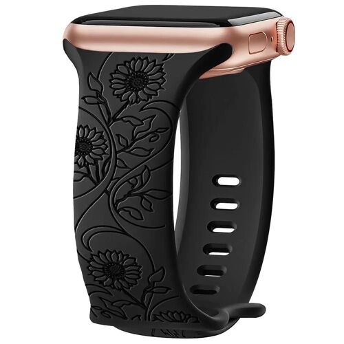 Bracelet Pour Apple Watch Series Ultra 2/3, 11, 10, 9 8 Se 7 6 5 4 3 2 1 46mm-45mm-44mm-42mm-49mm Silicone Noir Gravure Tournesol - E.F.Connection