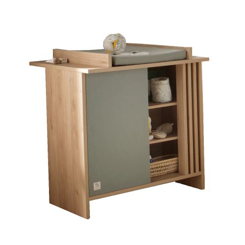 Commode À Langer 1 Porte Colorée Et 3 Niches Avec Claustra En Bois Décor Chêne Suave