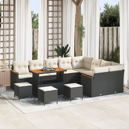 Ensemble De Canapé De Jardin 13 Pièces Avec Coussins Noir Rotin Poly Acacia, Ensemble De Salle À Manger De Jardin 4 Pièces Avec Coussins Noir Rotin Poly Acacia