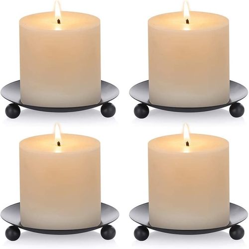 Chandelier 4Pcs Vintage Bougie Pilier Plaque de Bougie Rond Plaque de Décoration 10cm Porte Bougies en Fer Plaque de Chandelie(Noir)