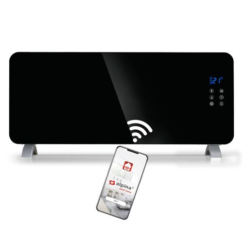 alpina Chauffage Électrique 2000W Radiateur Mural avec Température Réglable - Fonction Minuterie jusqu'à 24 Heures - pour des Espaces de 10 à 20 m2 - 92 x 24 x 43 cm - Verre - Noir