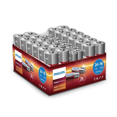Philips Pack Avantage Piles 40 Pièces 24x Piles Aa Et 16x Piles Aaa - Pile Alcaline Puissant Avec Longue Durée De Vie - Pour Télécommande, Radio Et Plus