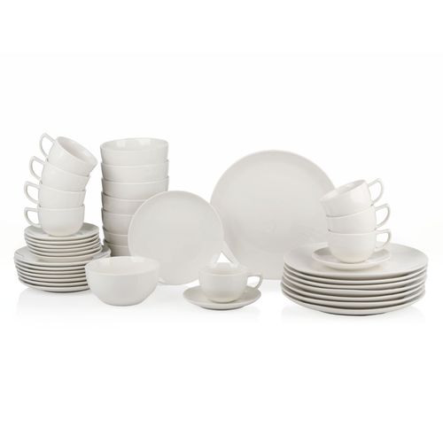 alpina Assiettes Service de Table 8 Personnes Vaisselle 40 Pièces - Service avec Assiettes Creuse, Assiettes à Dîner, Tasses et Soucoupes - Compatible Lave-Vaisselle - Blanc