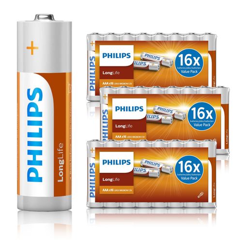 Philips Piles Aaa Longlife 48 Pièces (3 Blisters De 16) - Pack Avantage Lr3 - Alcaline