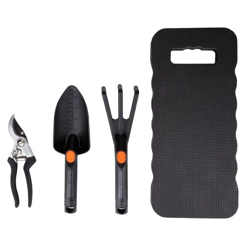 BLACK+DECKER Ensemble d'Outillage de Jardin Kit Jardinage 4 Pièces - Tapis de Genoux, Sécateur, Pelle et Griffe de Jardin - Capacité de Coupe de 13 mm - Noir/Orange