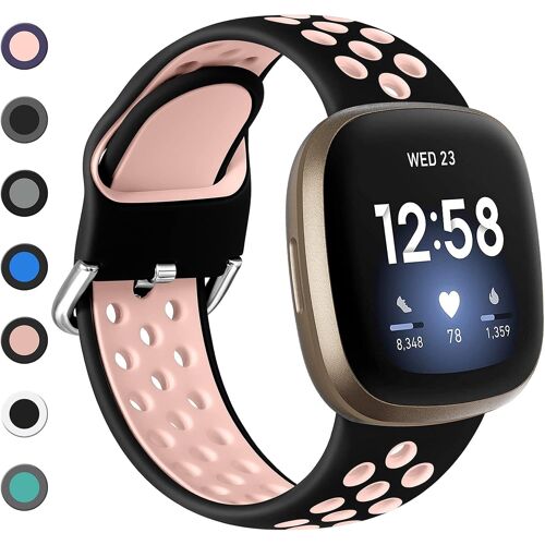 Bracelet Compatible Avec Fitbit Versa 4 Bracelet/Fitbit Versa 3 Bracelet/Fitbit Sense Bracelet/Fitbit Sense 2 Bracelet Femme Homme, Sport Respirant Silicone Étanche Remplacement, Noir/Rose S