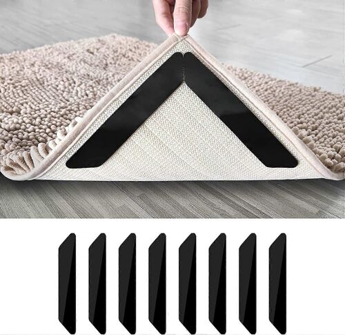 Lot de 8 rubans adhésifs pour tapis, réutilisables et lavables, antidérapants double face, compatibles avec les parquets, et compatibles avec les tapis de surface, noirs