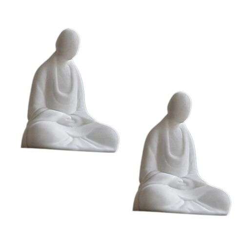 Mini statue de bouddha en céramique blanche, méditation de moine, style Vermont, décoration de la maison, 2 pièces