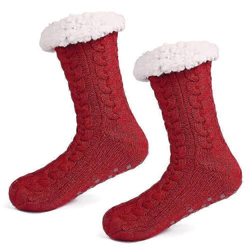 Dames Hiver Chaud Caoutchouc Tricot Polaire Pantoufles (Bordeaux) 2 Paires