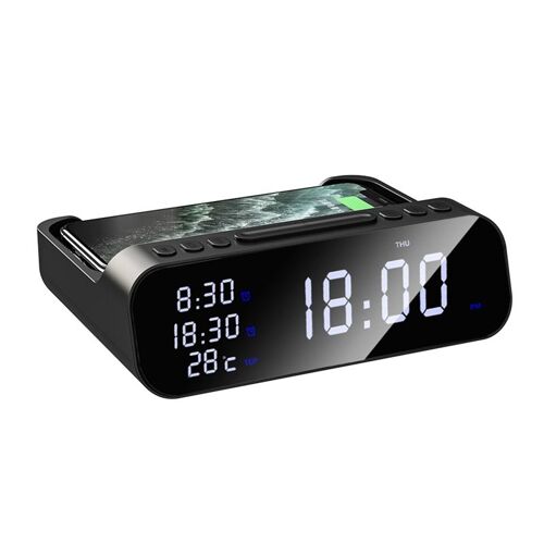 Réveil numérique sans fil avec chargeur USB, 15W, charge rapide, réveil pour le chevet des chambres