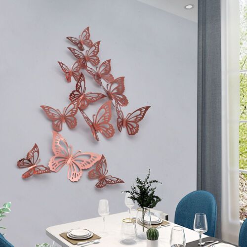Autocollants muraux 3D ajour¿¿s, 12 pi¿¿ces, Rose or/or/argent, papillon, DIY Art, d¿¿coration de maison, sparadrap, d¿¿coration de mariage