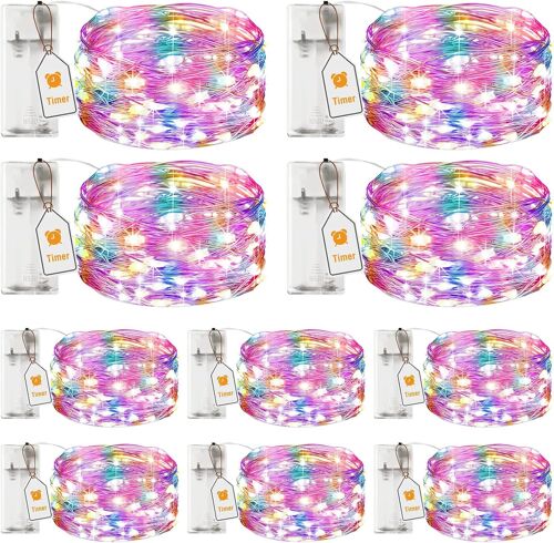 Lot De 10 Guirlande Led À Pile Avec Minuterie, 2m 20 Led Petite Fairy Lights En Fil D'argent, Ip65 Étanche Guirlande Lumineuse Pile Pour Décoration Chambre Noël Maison Halloween Coloré