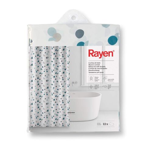 Rayen Rideaux de douche Rideau de douche ou de baignoire ImpermEable Polyester SEchage rapide Opaque Anneaux en PVC Comprend 12 crochets 180 x 200 cm Blanc à pois bleus
