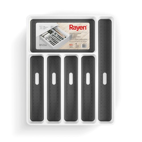 Rayen Organisateur de couverts 6 Compartiments Organisateur de tiroir de cuisine Pieds antidErapants Polypropylène Blanc Taille : 40x32.5x5 cm